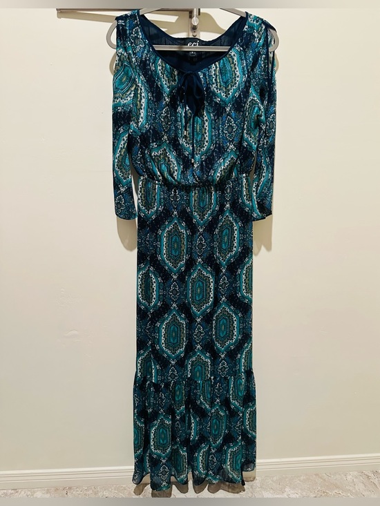ECI Dresses & Skirts - ECI Teal and Navy Printed Maxi Dress with Tie Neck